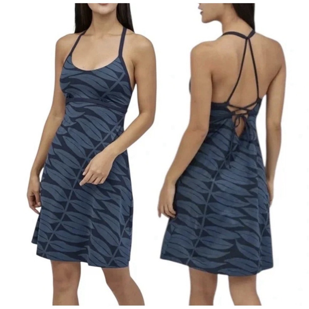 Patagonia Large Sundown Sally Dress Strappy Blue Leaves Knee Length Stretch